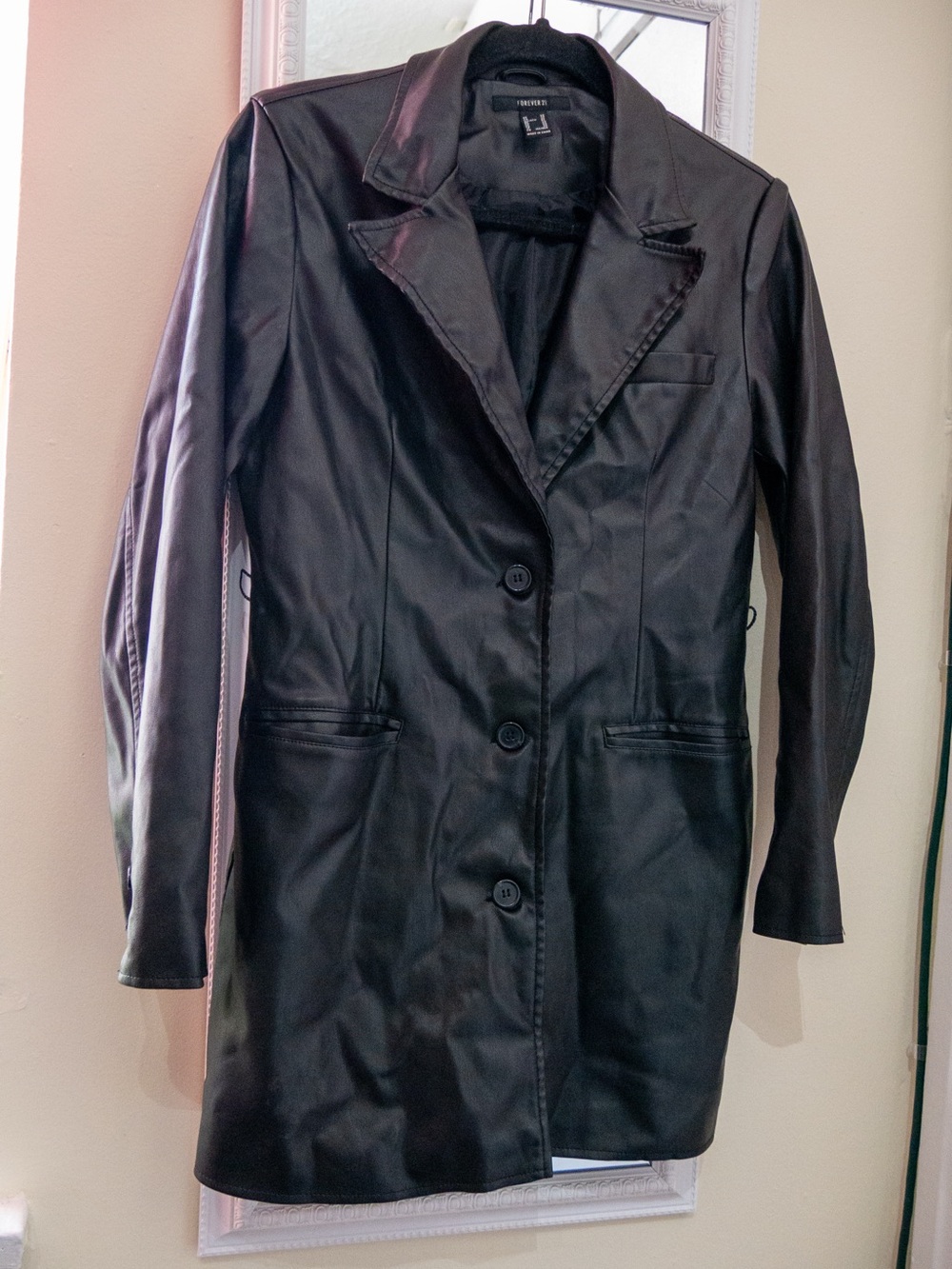 Long Black Faux Leather Blazer Jacket